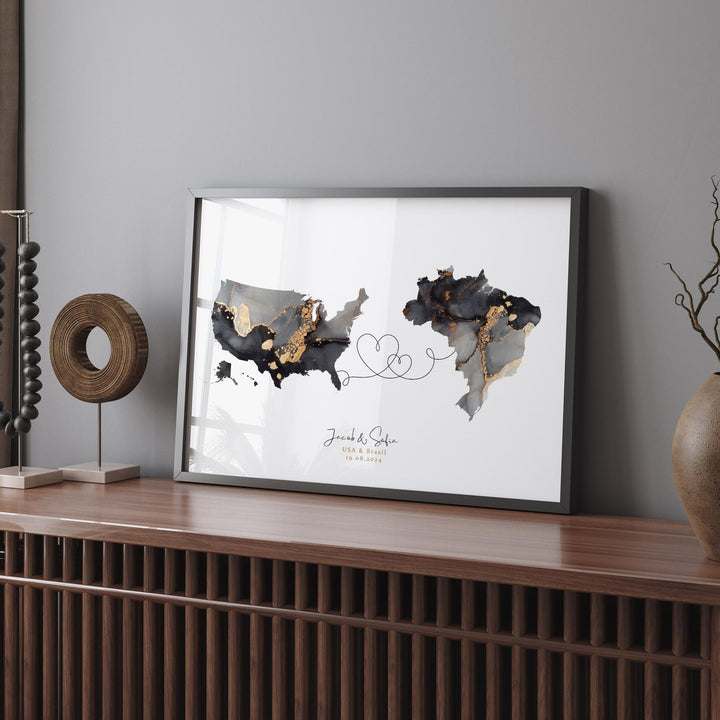 USA and Brasil Map Black & Gold Travel Wall Art Print | United States | America | Travel Moving Home Gift