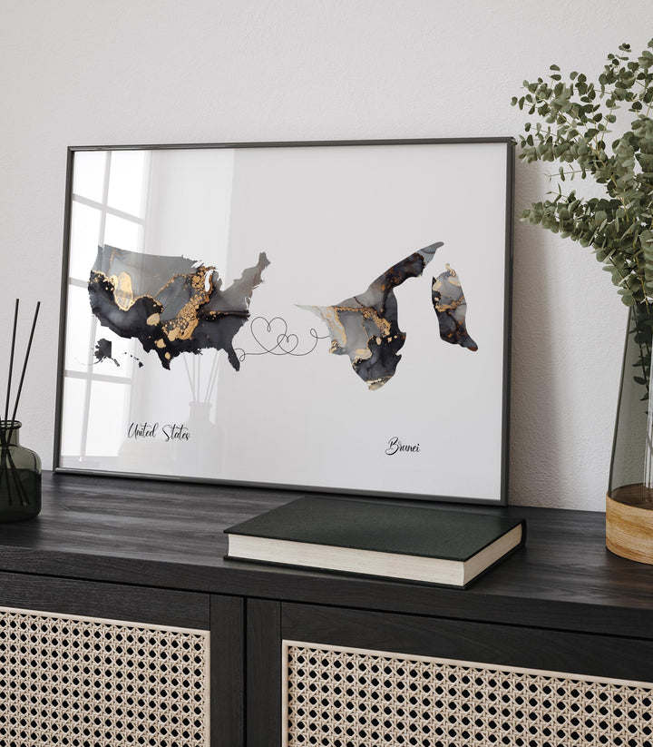 USA and Brunei Map Black & Gold Travel Wall Art Print | United States | America | Travel Moving Home Gift