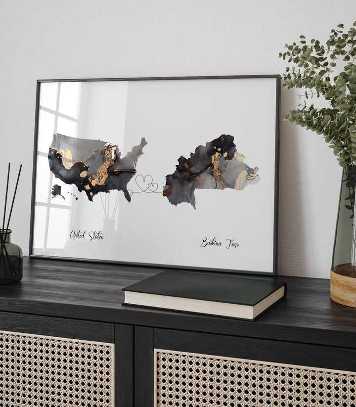USA and Burkina Faso  Map Black & Gold Travel Wall Art Print | United States | America | Travel Moving Home Gift
