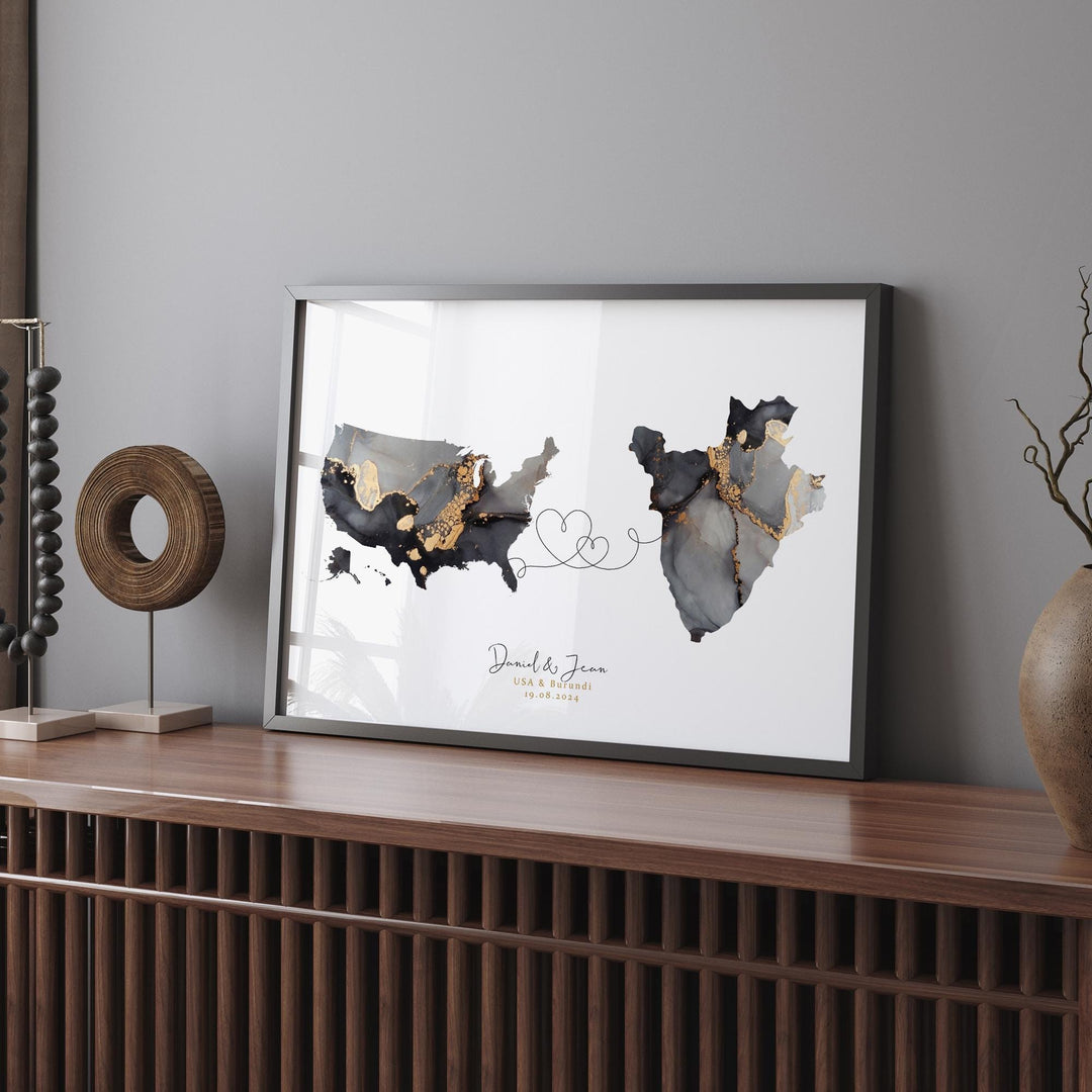 USA and Burundi Map Black & Gold Travel Wall Art Print | United States | America | Travel Moving Home Gift