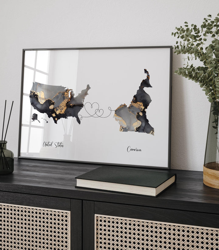 USA and Cameroon Map Black & Gold Travel Wall Art Print | United States | America | Travel Moving Home Gift