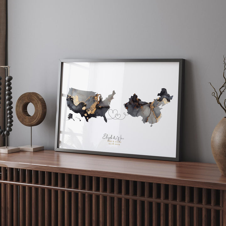 USA and China Map Black & Gold Travel Wall Art Print | United States | America | Travel Moving Home Gift