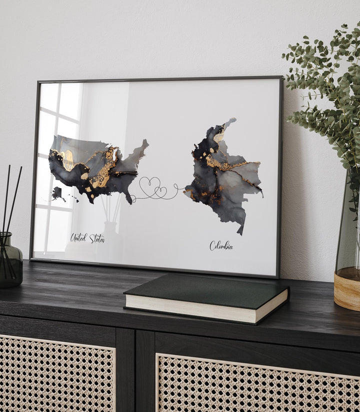 USA and Colombia Map Black & Gold Travel Wall Art Print | United States | America | Travel Moving Home Gift