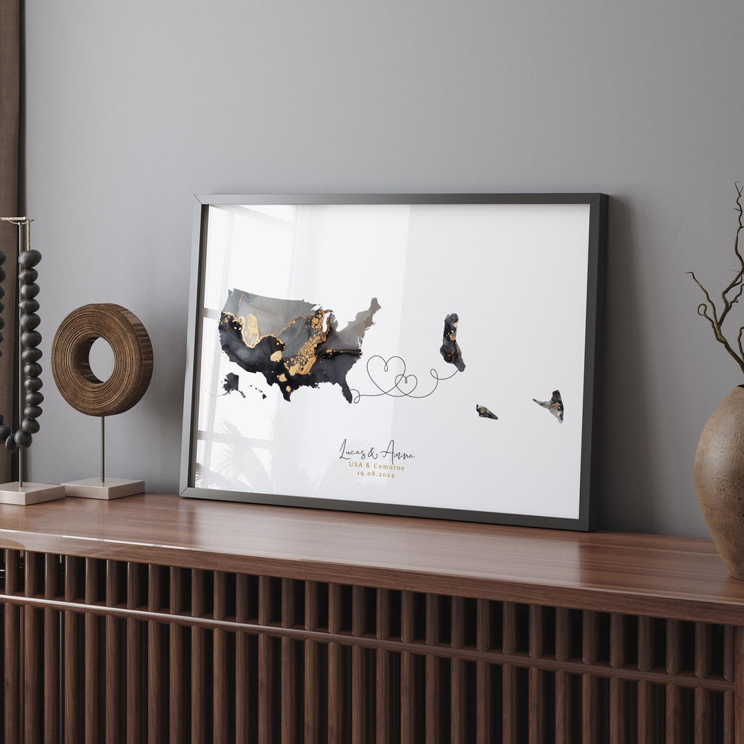USA and Comoros Map Black & Gold Travel Wall Art Print | United States | America | Travel Moving Home Gift
