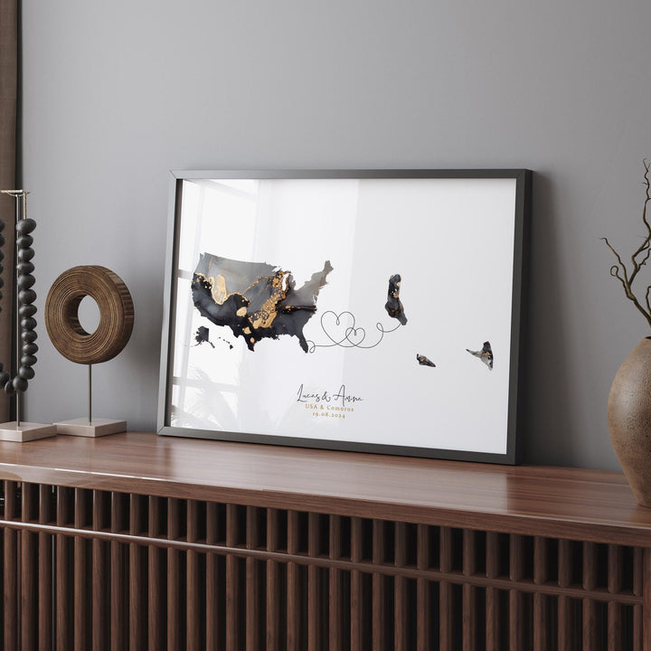 USA and Comoros Map Black & Gold Travel Wall Art Print | United States | America | Travel Moving Home Gift