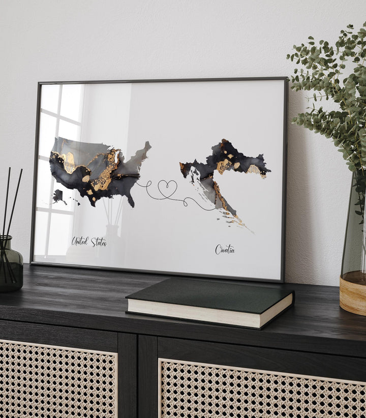 USA and Croatia Map Black & Gold Travel Wall Art Print | United States | America | Travel Moving Home Gift