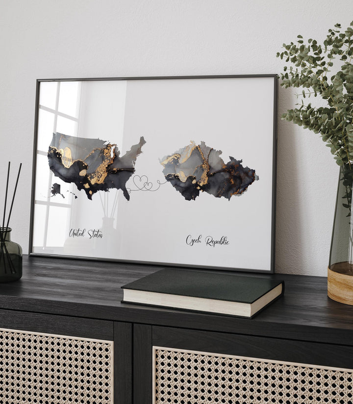 USA and Czech Republic Map Black & Gold Travel Wall Art Print | United States | America | Travel Moving Home Gift