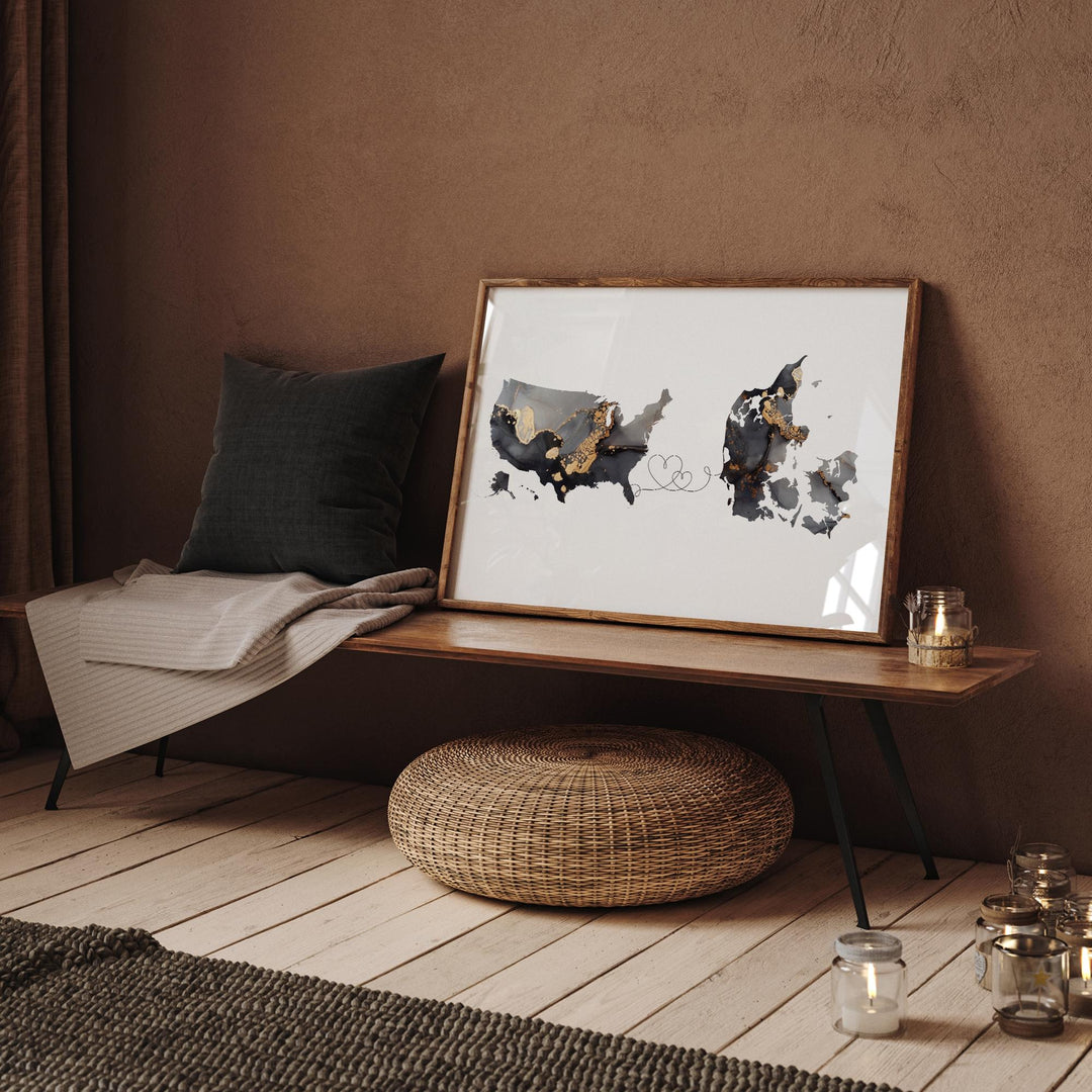 USA and Denmark Map Black & Gold Travel Wall Art Print | United States | America | Travel Moving Home Gift