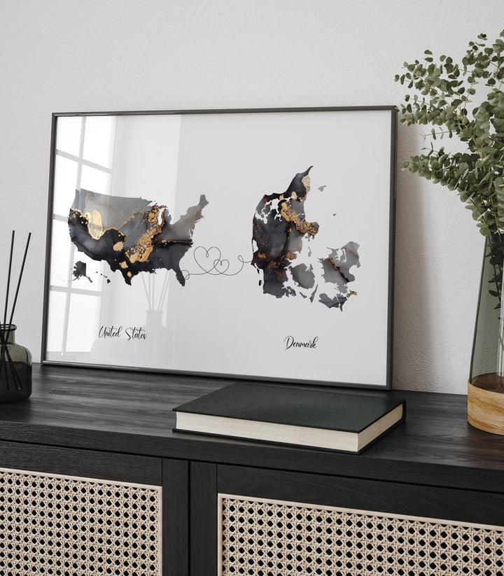 USA and Denmark Map Black & Gold Travel Wall Art Print | United States | America | Travel Moving Home Gift