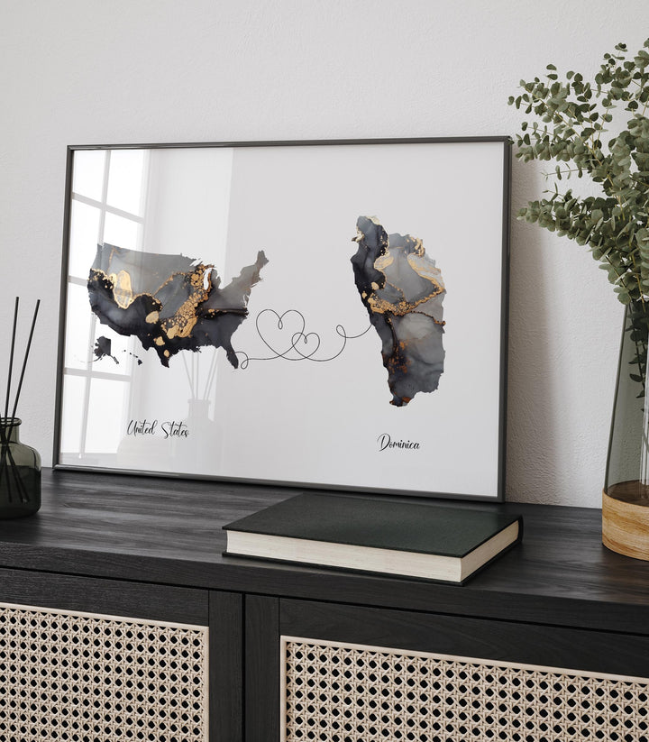 USA and Dominica Map Black & Gold Travel Wall Art Print | United States | America | Travel Moving Home Gift