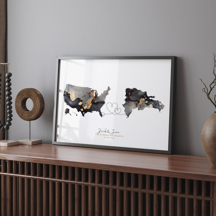 USA and Dominican Republic Map Black & Gold Travel Wall Art Print | United States | America | Travel Moving Home Gift