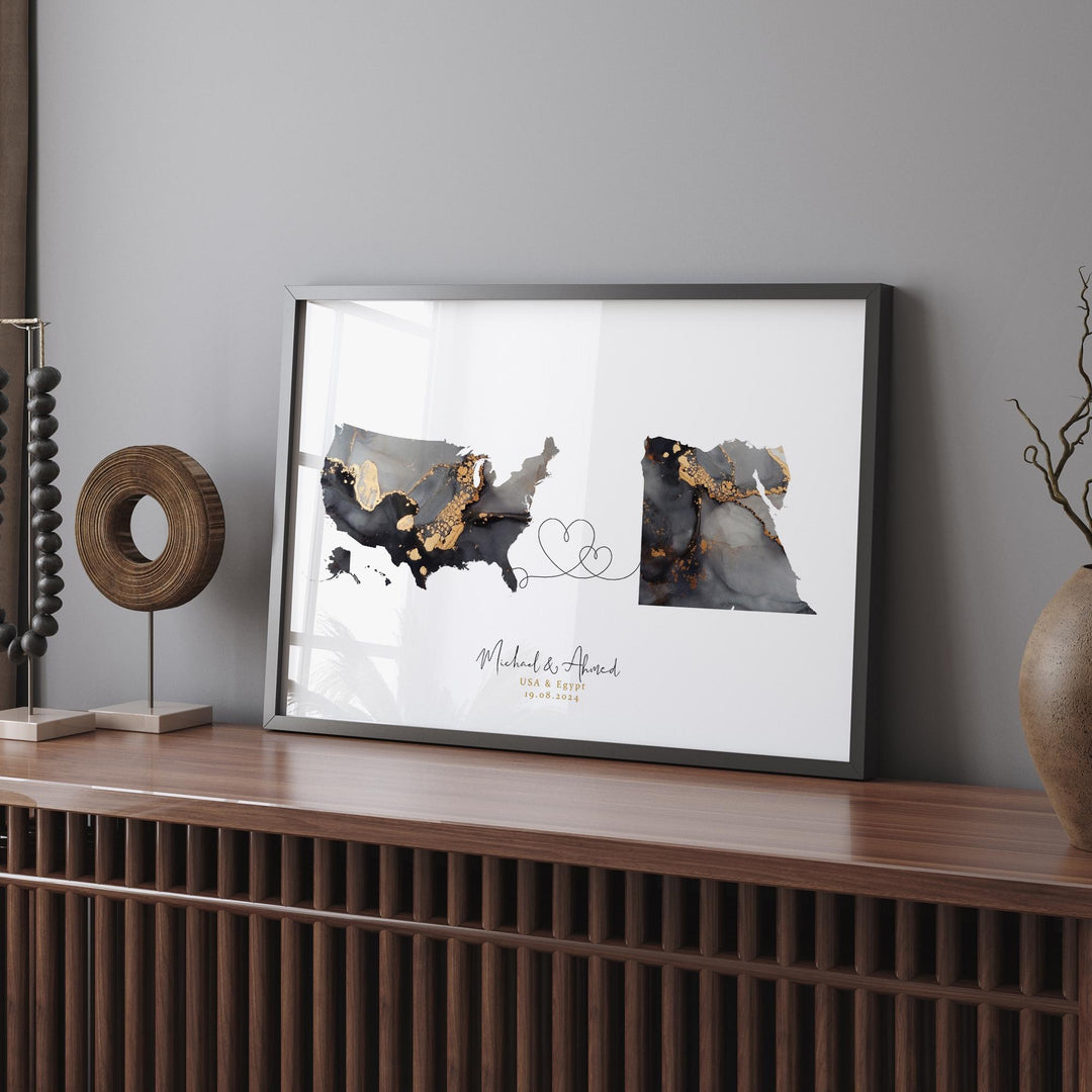 USA and Egypt Map Black & Gold Travel Wall Art Print | United States | America | Travel Moving Home Gift