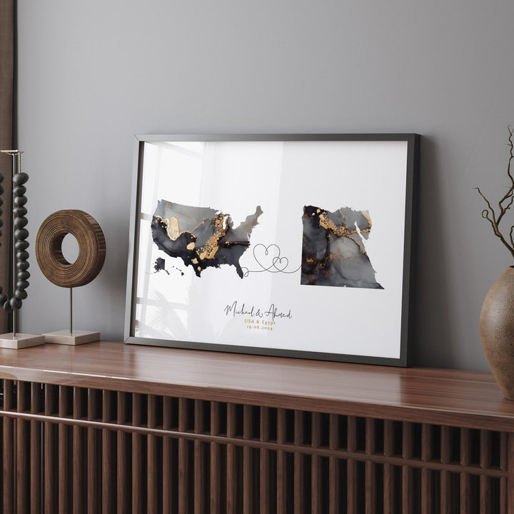 USA and Egypt Map Black & Gold Travel Wall Art Print | United States | America | Travel Moving Home Gift