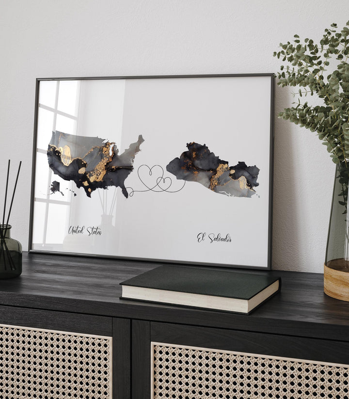USA and El Salvador Map Black & Gold Travel Wall Art Print | United States | America | Travel Moving Home Gift
