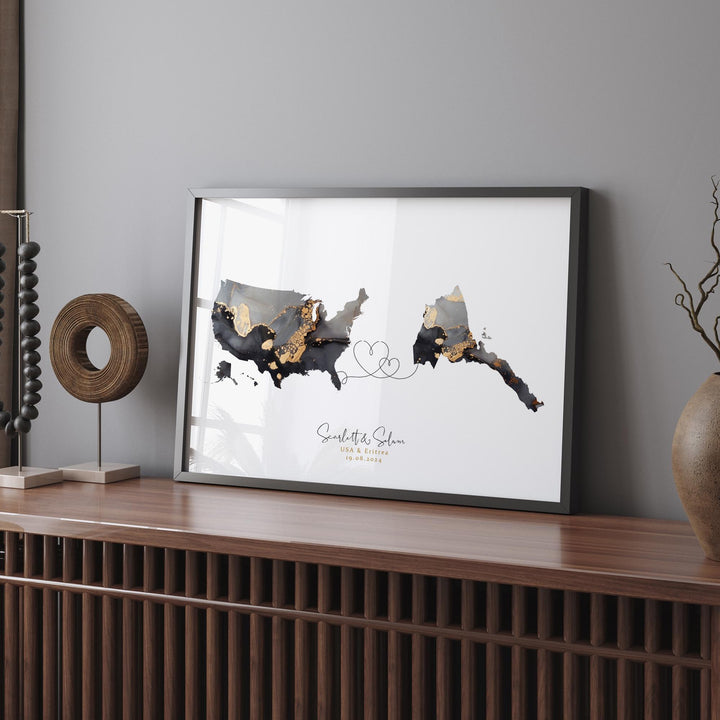 USA and Eritrea Map Black & Gold Travel Wall Art Print | United States | America | Travel Moving Home Gift