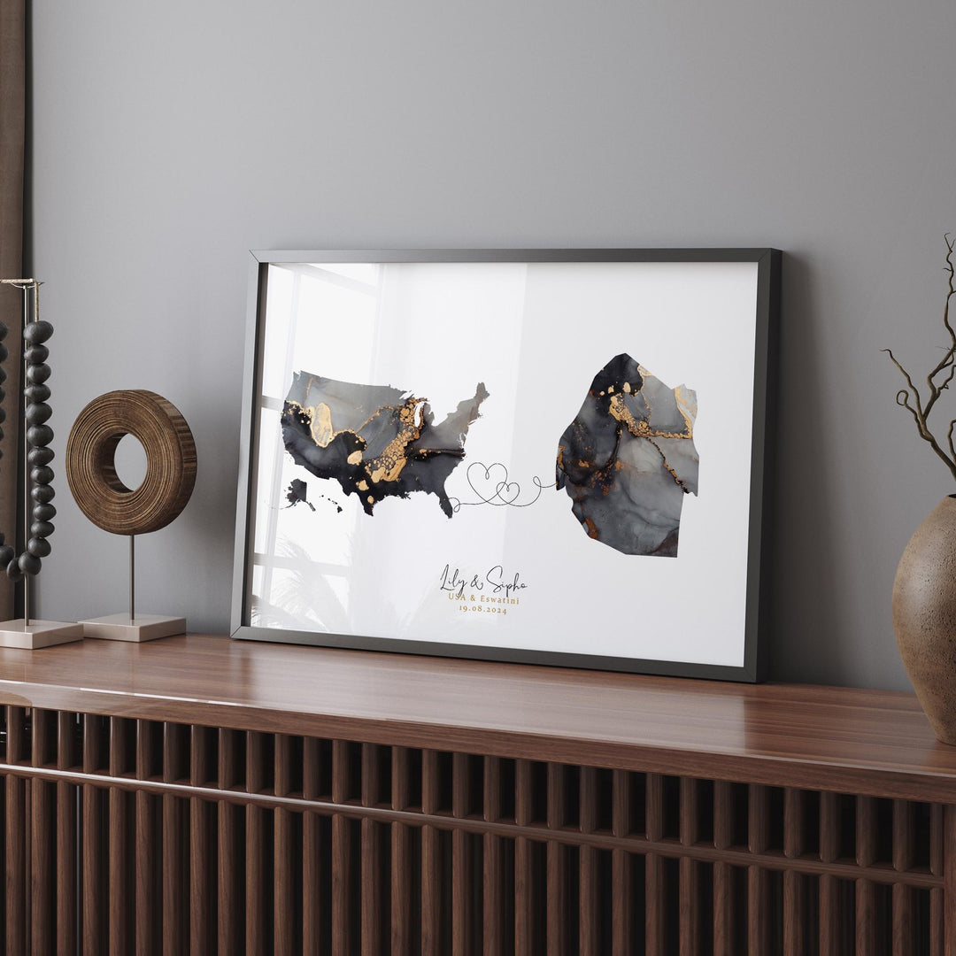 USA and Eswatini Map Black & Gold Travel Wall Art Print | United States | America | Travel Moving Home Gift