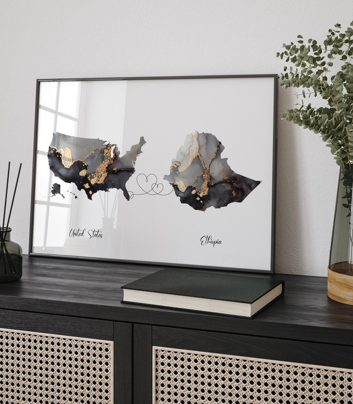 USA and Ethiopia Map Black & Gold Travel Wall Art Print | United States | America | Travel Moving Home Gift