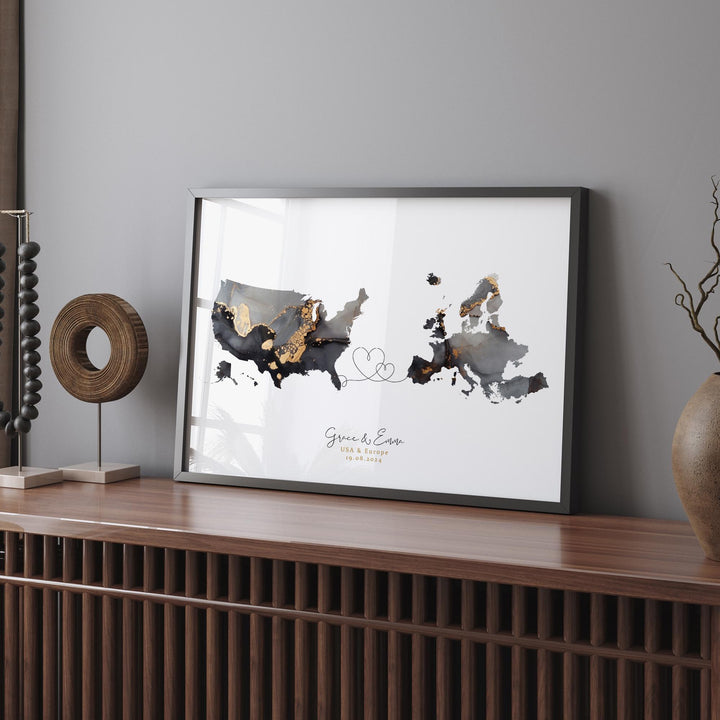USA and Europe Map Black & Gold Travel Wall Art Print | United States | America | Travel Moving Home Gift
