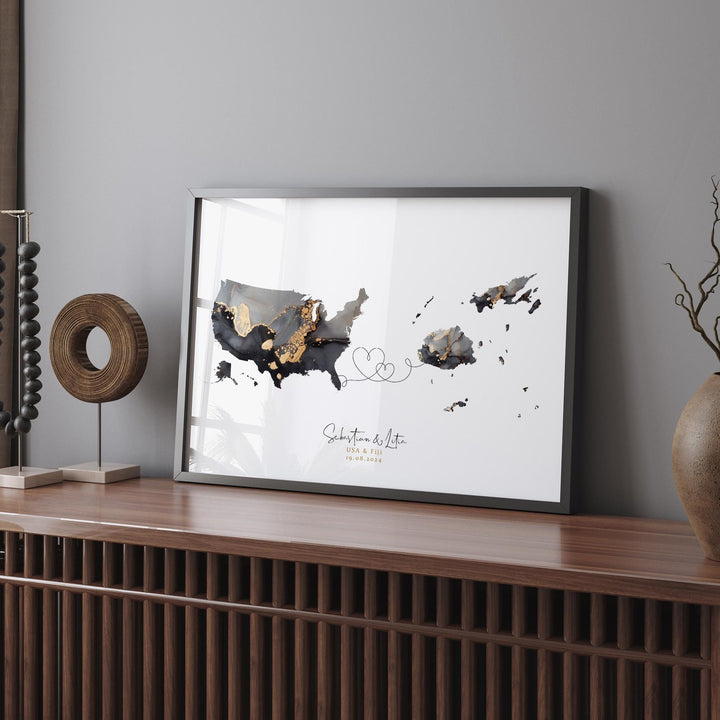 USA and Fiji Map Black & Gold Travel Wall Art Print | United States | America | Travel Moving Home Gift
