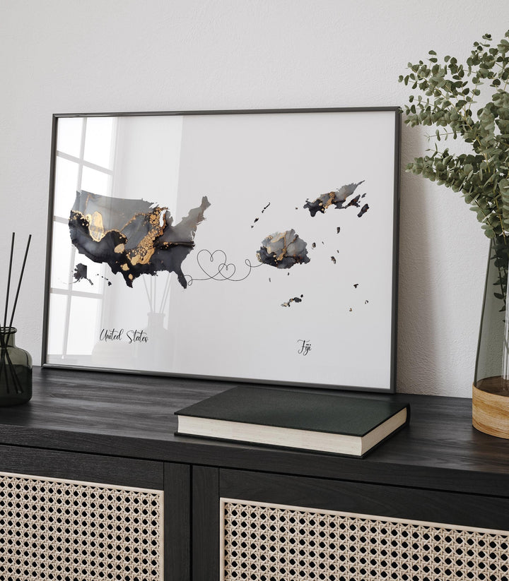 USA and Fiji Map Black & Gold Travel Wall Art Print | United States | America | Travel Moving Home Gift