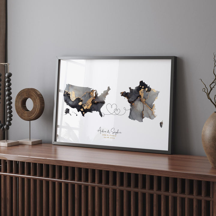 USA and France Map Black & Gold Travel Wall Art Print | United States | America | Travel Moving Home Gift