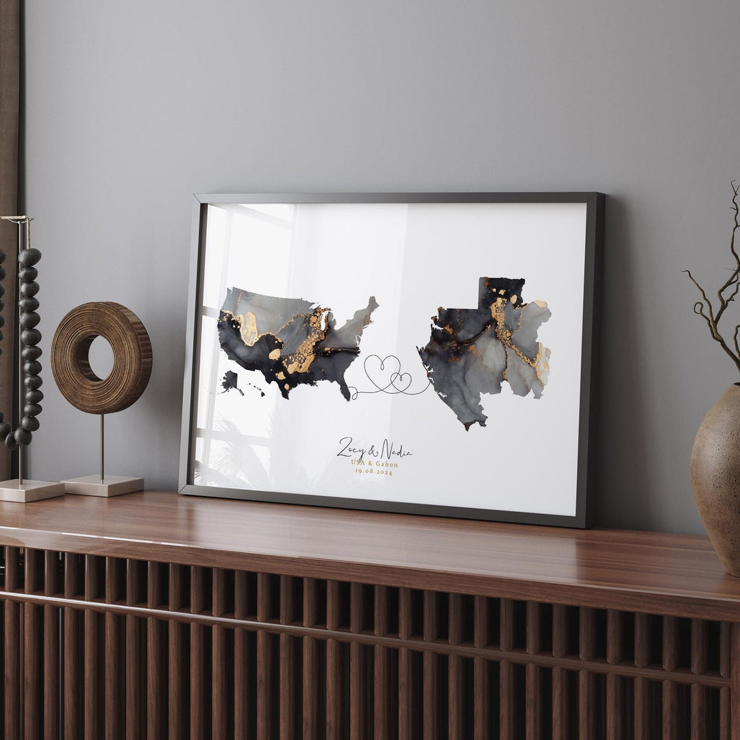 USA and Gabon Map Black & Gold Travel Wall Art Print | United States | America | Travel Moving Home Gift