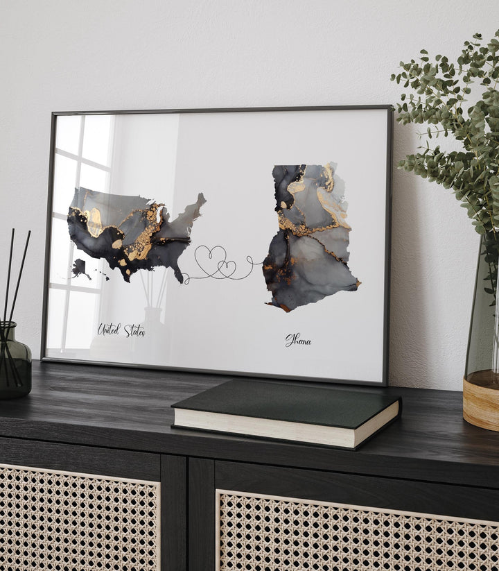 USA and Ghana Map Black & Gold Travel Wall Art Print | United States | America | Travel Moving Home Gift