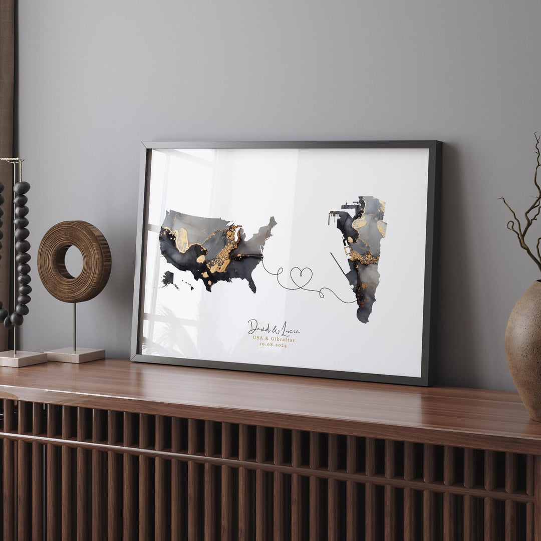 USA and Gibraltar Map Black & Gold Travel Wall Art Print | United States | America | Travel Moving Home Gift