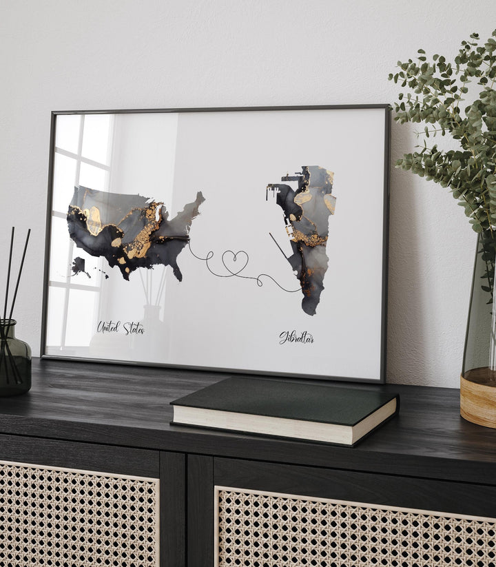 USA and Gibraltar Map Black & Gold Travel Wall Art Print | United States | America | Travel Moving Home Gift