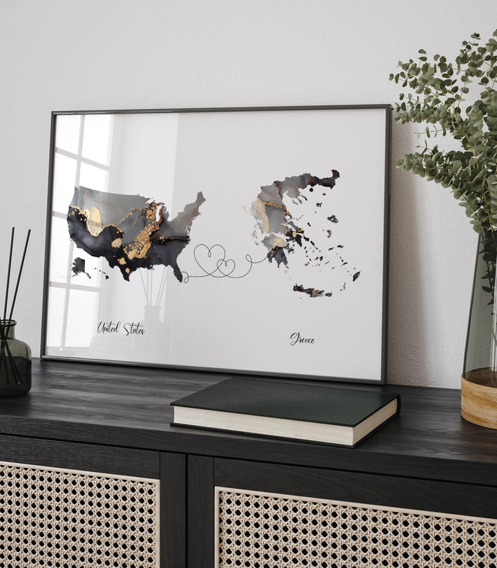 USA and Greece Map Black & Gold Travel Wall Art Print | United States | America | Travel Moving Home Gift