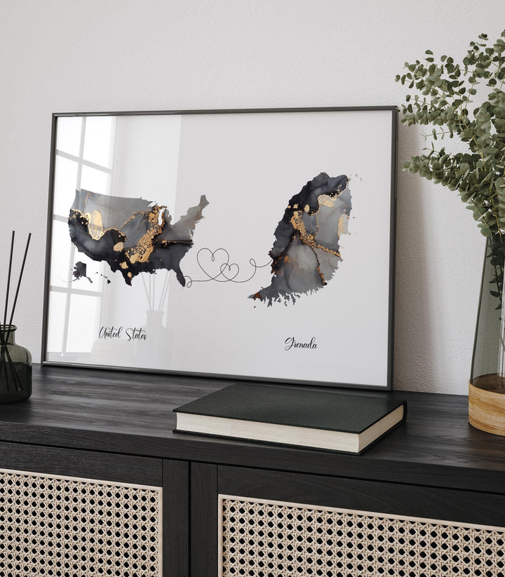 USA and Grenada Map Black & Gold Travel Wall Art Print | United States | America | Travel Moving Home Gift