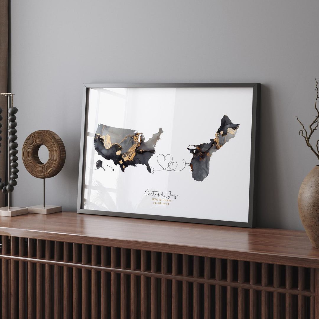 USA and Guam Map Black & Gold Travel Wall Art Print | United States | America | Travel Moving Home Gift