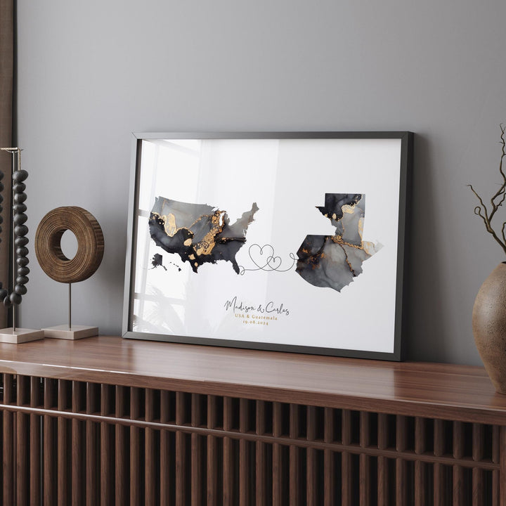 USA and Guatemala Map Black & Gold Travel Wall Art Print | United States | America | Travel Moving Home Gift