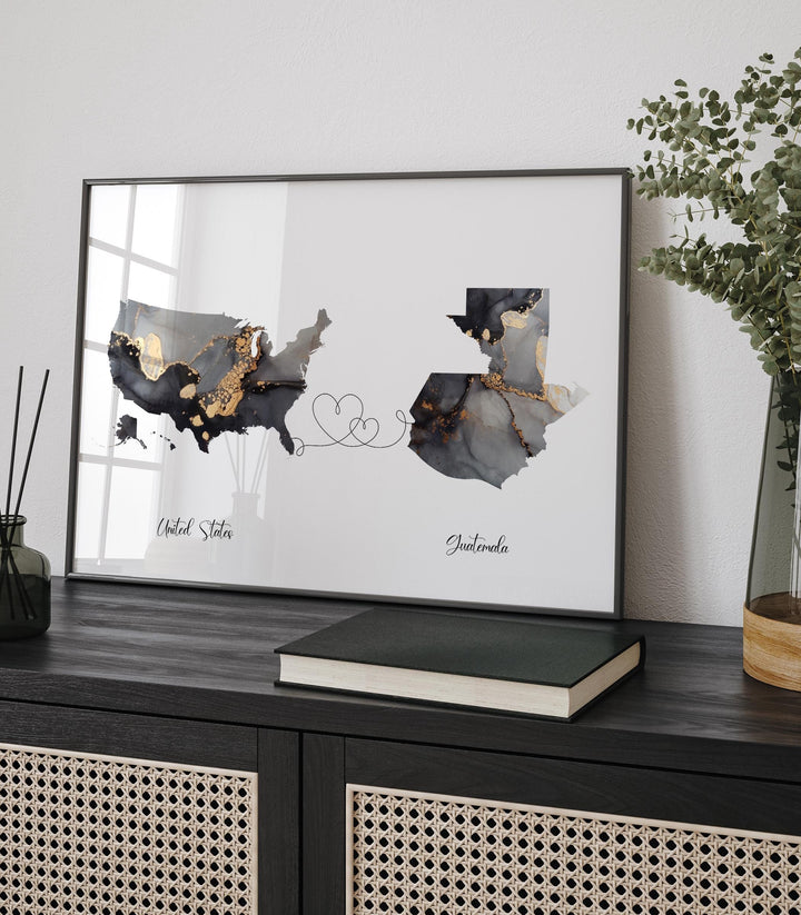 USA and Guatemala Map Black & Gold Travel Wall Art Print | United States | America | Travel Moving Home Gift