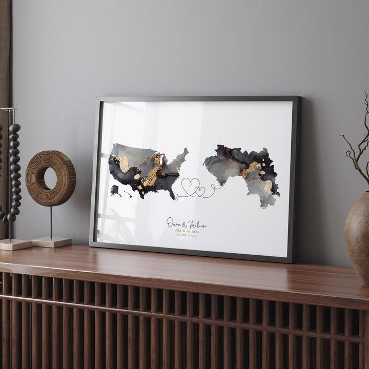 USA and Guinea Map Black & Gold Travel Wall Art Print | United States | America | Travel Moving Home Gift