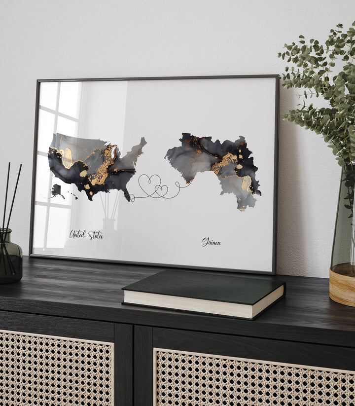 USA and Guinea Map Black & Gold Travel Wall Art Print | United States | America | Travel Moving Home Gift