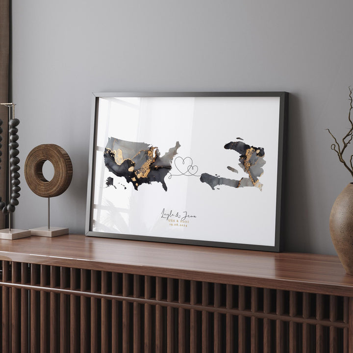 USA and Haiti Map Black & Gold Travel Wall Art Print | United States | America | Travel Moving Home Gift