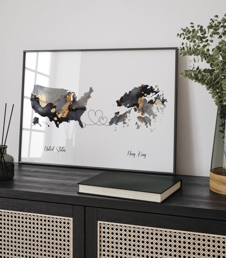 USA and Hong Kong Map Black & Gold Travel Wall Art Print | United States | America | Travel Moving Home Gift