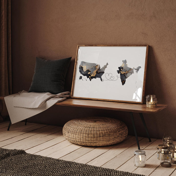USA and India Map Black & Gold Travel Wall Art Print | United States | America | Travel Moving Home Gift