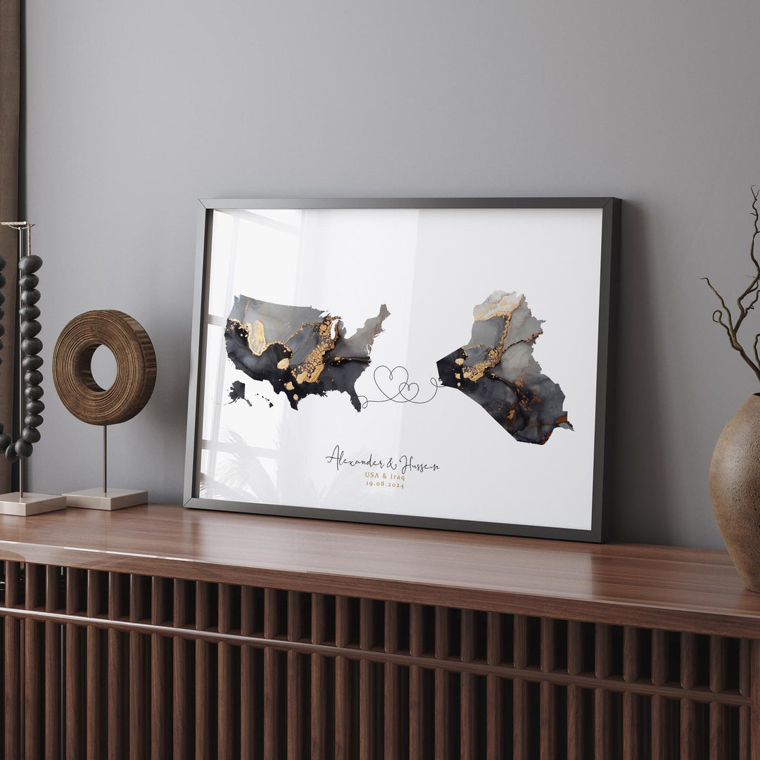 USA and Iraq Map Black & Gold Travel Wall Art Print | United States | America | Travel Moving Home Gift