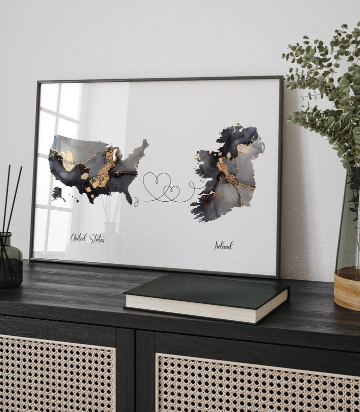 USA and Ireland Map Black & Gold Travel Wall Art Print | United States | America | Travel Moving Home Gift
