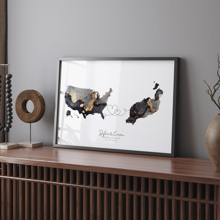 USA and Lanzarote Map Black & Gold Travel Wall Art Print | United States | America | Travel Moving Home Gift