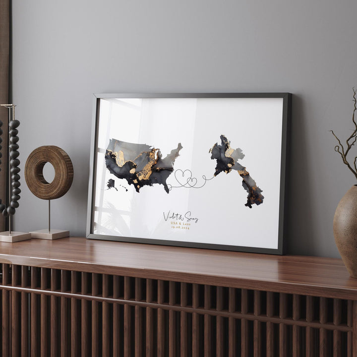 USA and Laos Map Black & Gold Travel Wall Art Print | United States | America | Travel Moving Home Gift
