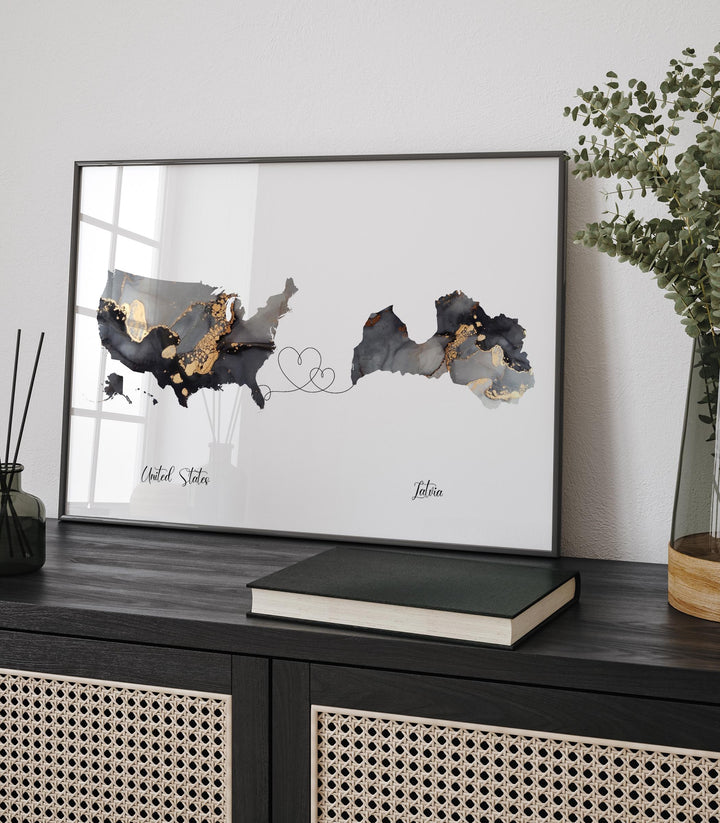 USA and Latvia Map Black & Gold Travel Wall Art Print | United States | America | Travel Moving Home Gift