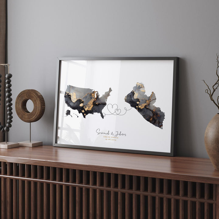 USA and Liberia Map Black & Gold Travel Wall Art Print | United States | America | Travel Moving Home Gift