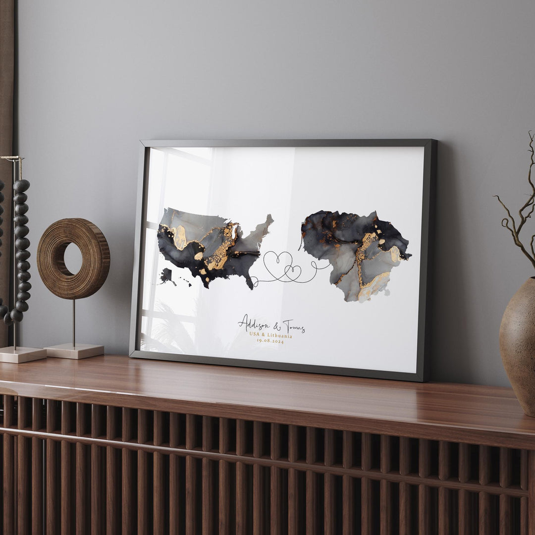 USA and Lithuania Map Black & Gold Travel Wall Art Print | United States | America | Travel Moving Home Gift