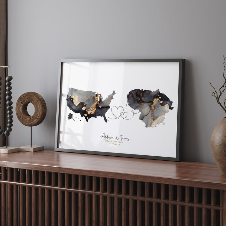 USA and Lithuania Map Black & Gold Travel Wall Art Print | United States | America | Travel Moving Home Gift