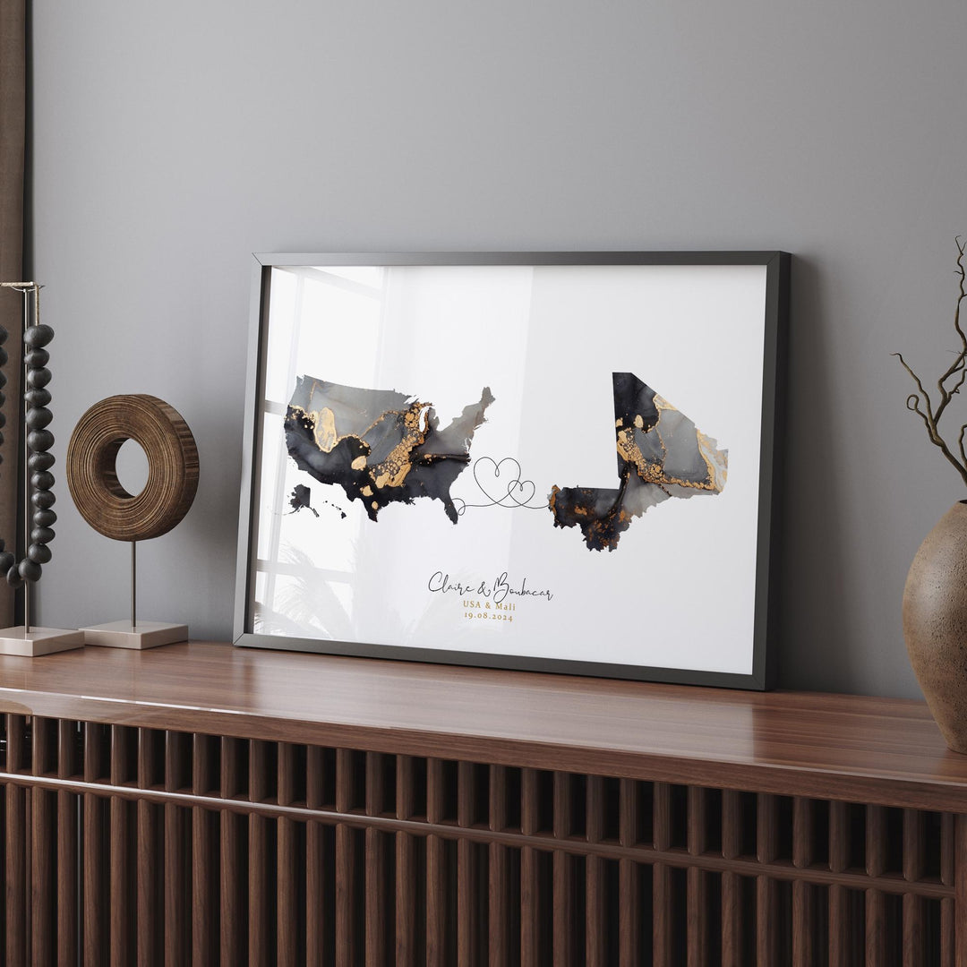 USA and Mali Map Black & Gold Travel Wall Art Print | United States | America | Travel Moving Home Gift