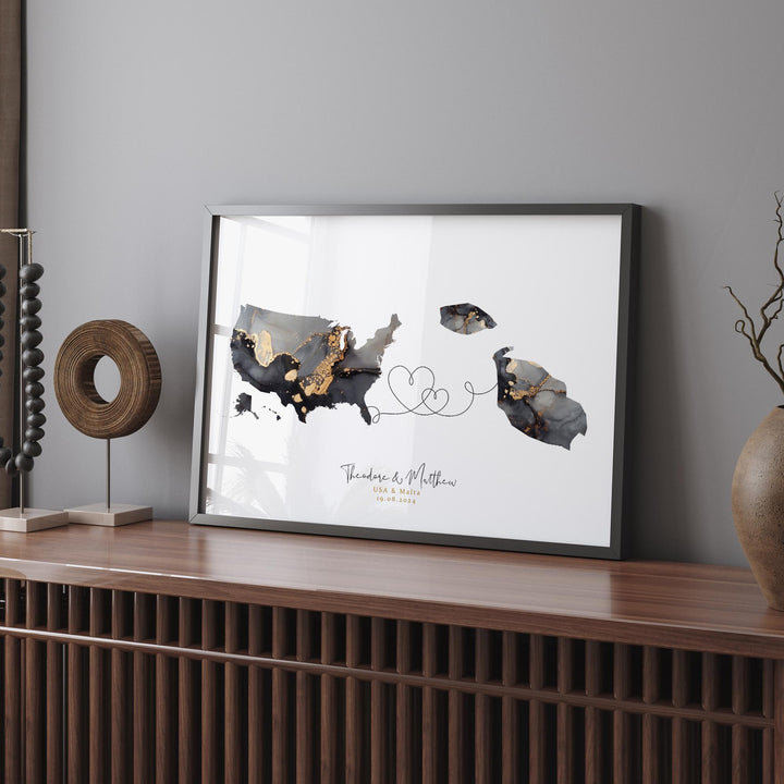 USA and Malta Map Black & Gold Travel Wall Art Print | United States | America | Travel Moving Home Gift