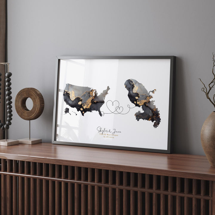 USA and Martinique Map Black & Gold Travel Wall Art Print | United States | America | Travel Moving Home Gift